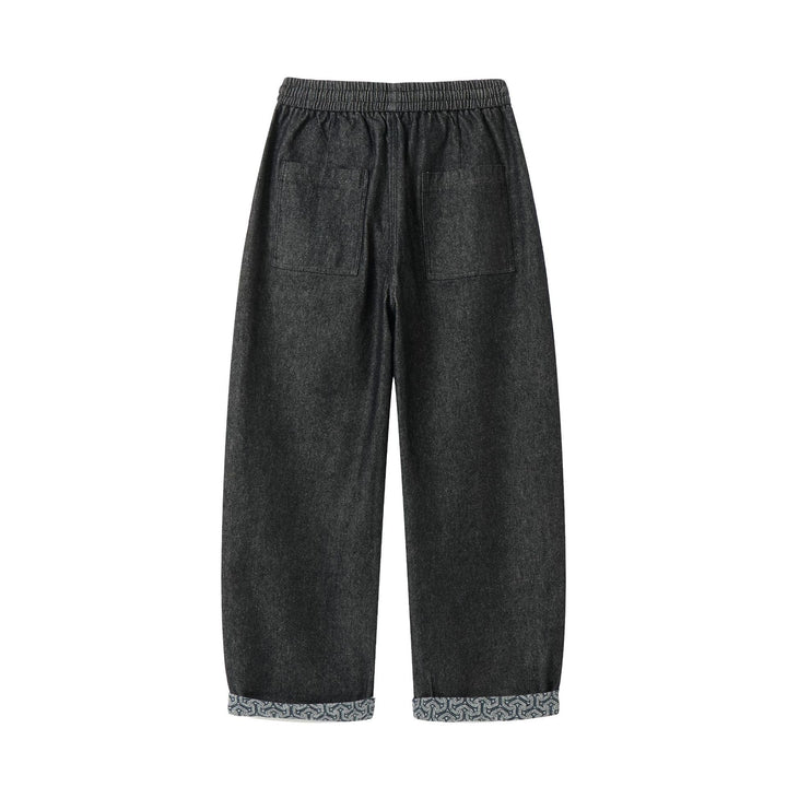 Women's culotte jeans with elastic drawstring waistband and patterned cuff