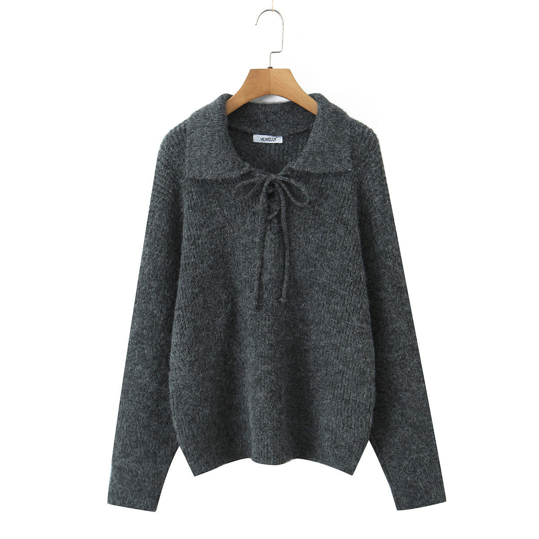 Women Cozy Knit Sweater with Wide Polo Collar and Drawstring Mune Fashion