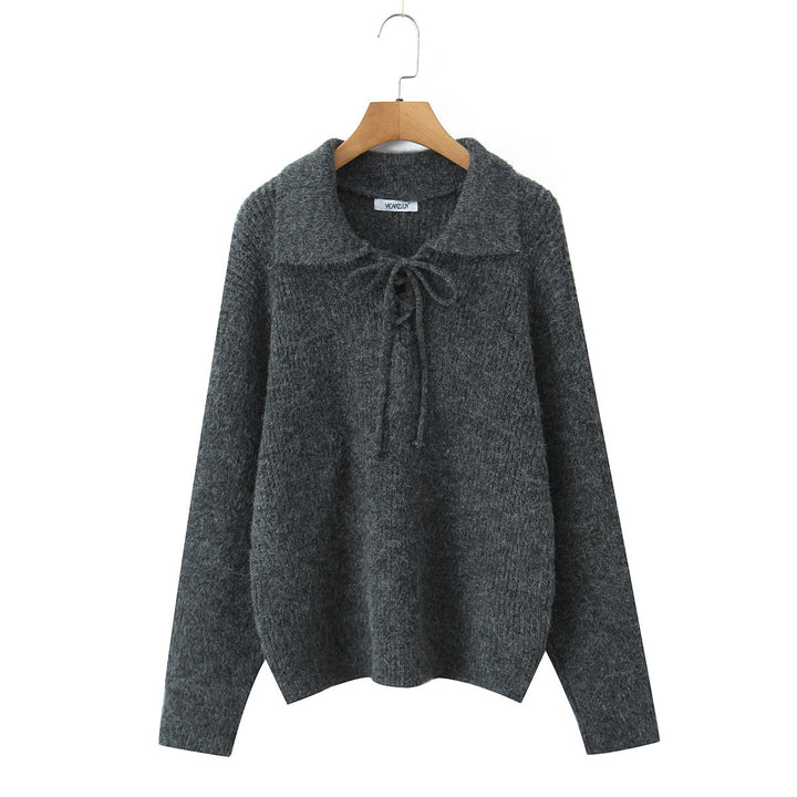 Women Cozy Knit Sweater with Wide Polo Collar and Drawstring Mune Fashion