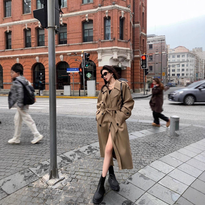 Women's Modern Boxy Trench Coat with Distinctive Shoulder Feature and Waist Belt Mune Fashion