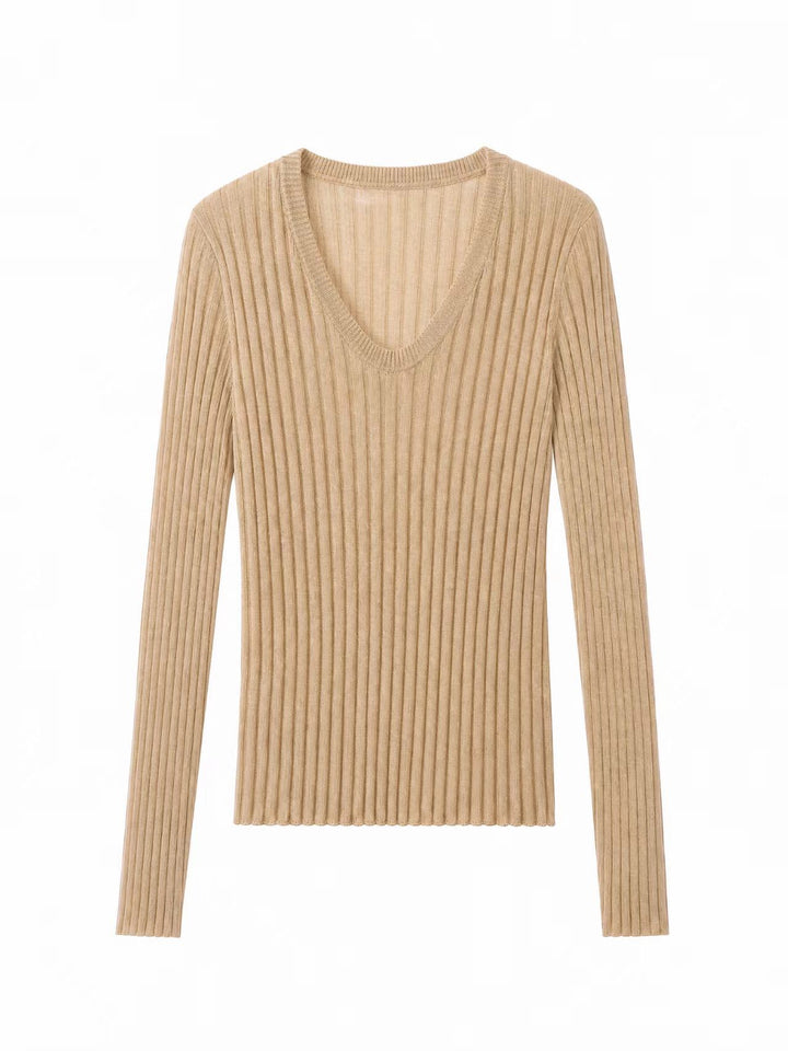 Women Tight Fine Knit Long Sleeve with Deep V-Neck and Wide Ribbed Structure Mune Fashion