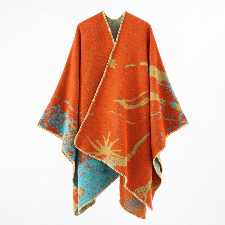 Women's Oversized Jacquard Wrap Cape made of fine knit with asymmetrical hem Mune Fashion