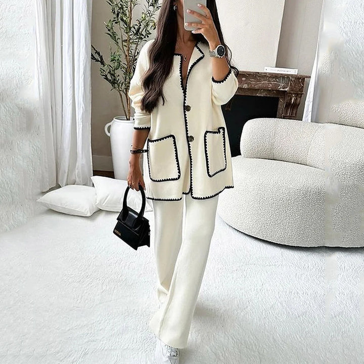 Women's longline knit set with contrast-trimmed cardigan and wide palazzo pants Mune Fashion