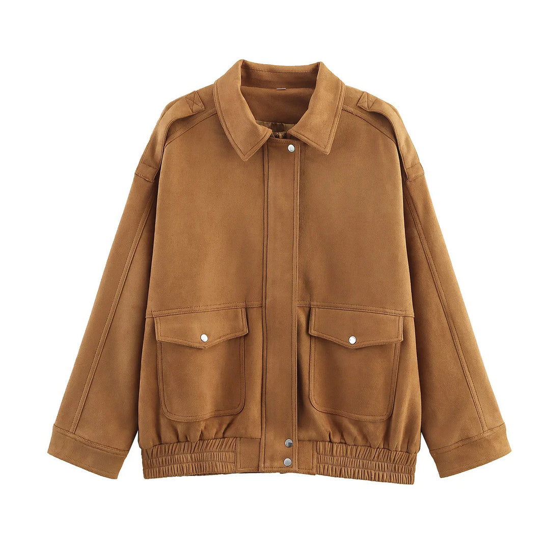 Women's casual velour jacket with snap button placket, patch flap pockets, and elastic hem Mune Fashion