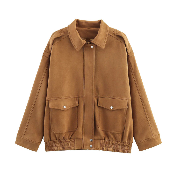 Women's casual velour jacket with snap button placket, patch flap pockets, and elastic hem Mune Fashion
