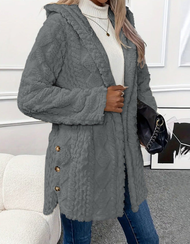 Women's hooded teddy coat with cable pattern, decorative buttons and warm fleece lining Mune Fashion