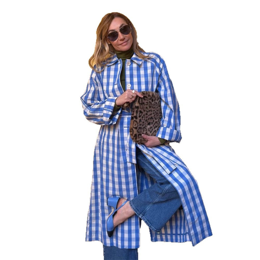 Women's long checkered coat with waist belt and shirt collar Mune Fashion
