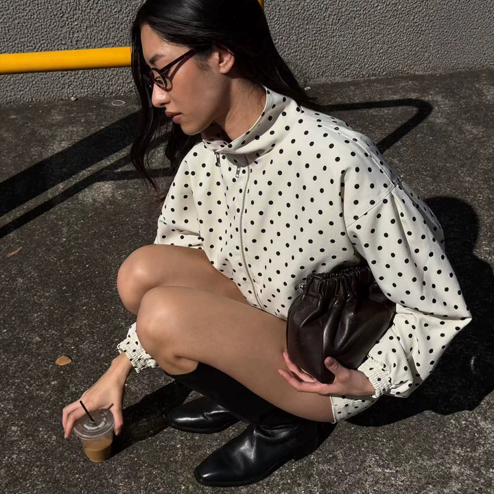 Women's Polka Dot Cropped Bomber Jacket with Stand-Up Collar, Elastic Hem and Asymmetrical Zipper Pockets Mune Fashion