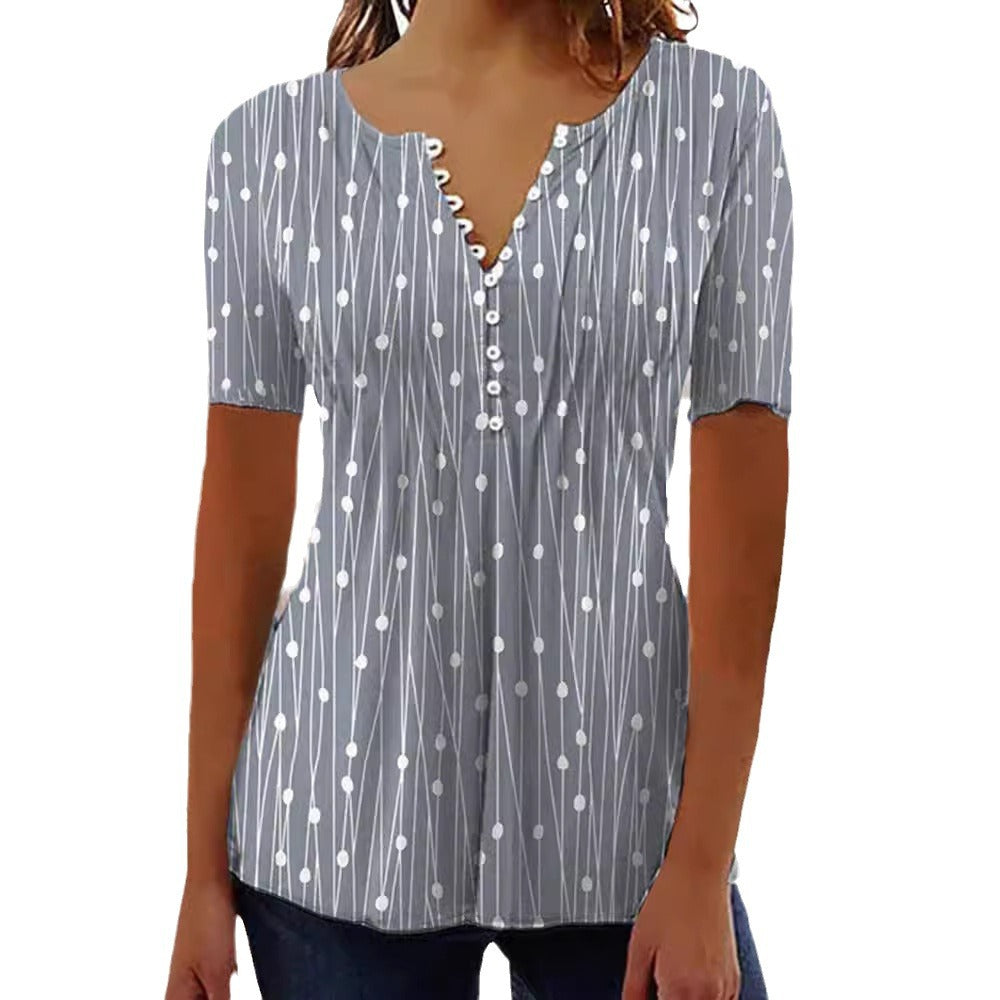 Women's airy V-neck blouse with short sleeves, decorative button placket and graphic dot stripe pattern Mune Fashion