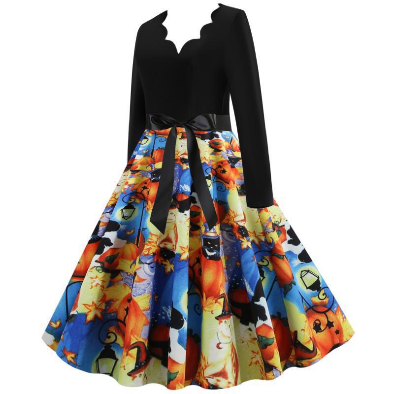 Women's Retro Swing Dress with Wavy Neckline, Long Sleeves, and Halloween Print Flared Skirt Mune Fashion
