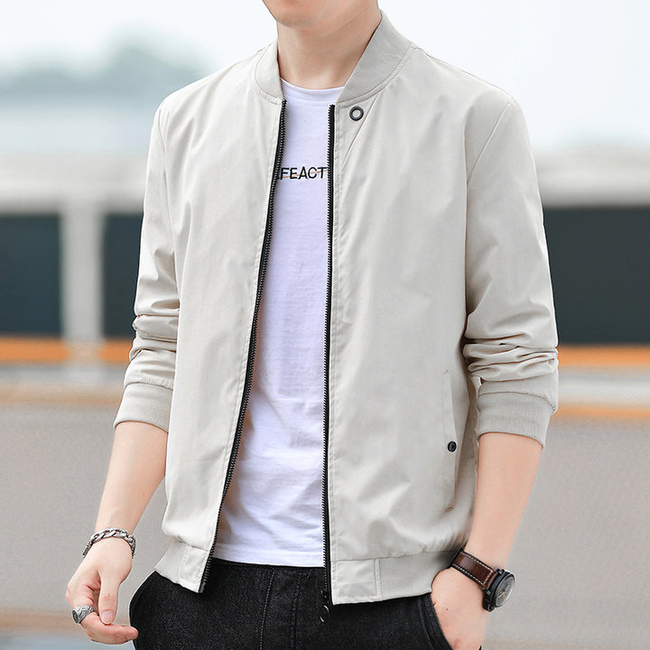 Men's Minimalist Nylon Bomber with Concealed Two-Way Zipper and Ribbed Collar Mune Fashion