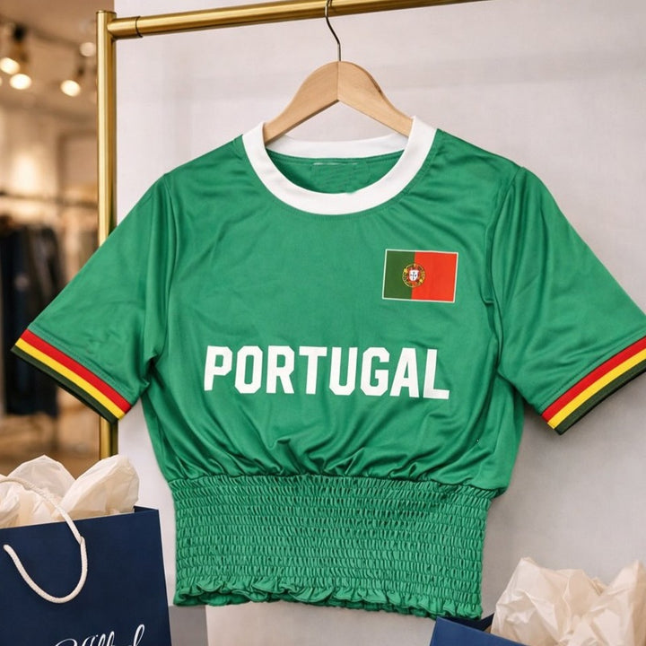Women's sporty crop top with gathered waistband and Germany motif Mune Fashion