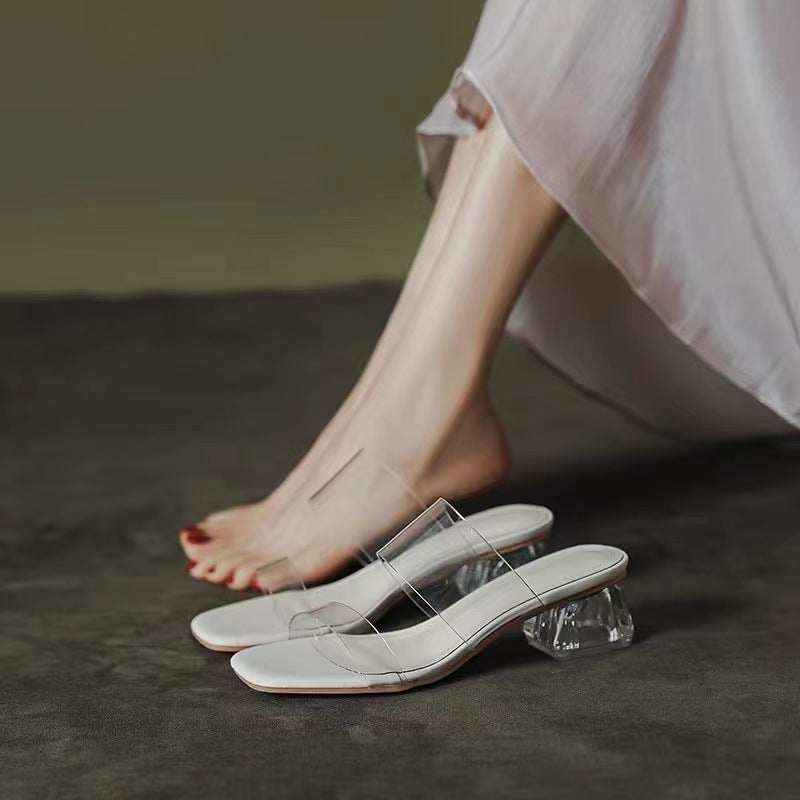 Women Minimalistic Double Strap Mules with Transparent Upper Material and Geometric Block Heel Mune Fashion