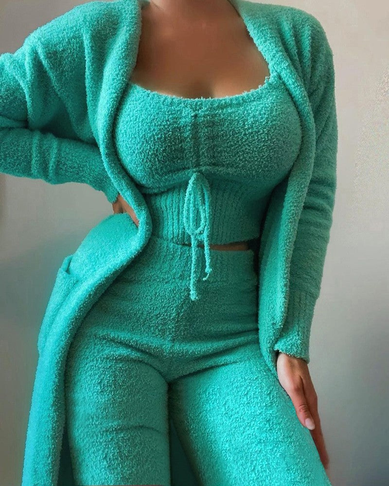 Women's luxurious teddy fleece lounge set with long cardigan, gathered cropped bustier and high waist pants Mune Fashion