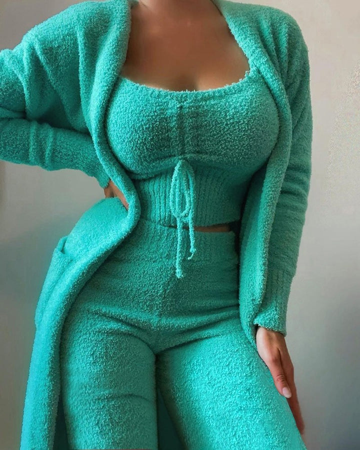Women's luxurious teddy fleece lounge set with long cardigan, gathered cropped bustier and high waist pants Mune Fashion
