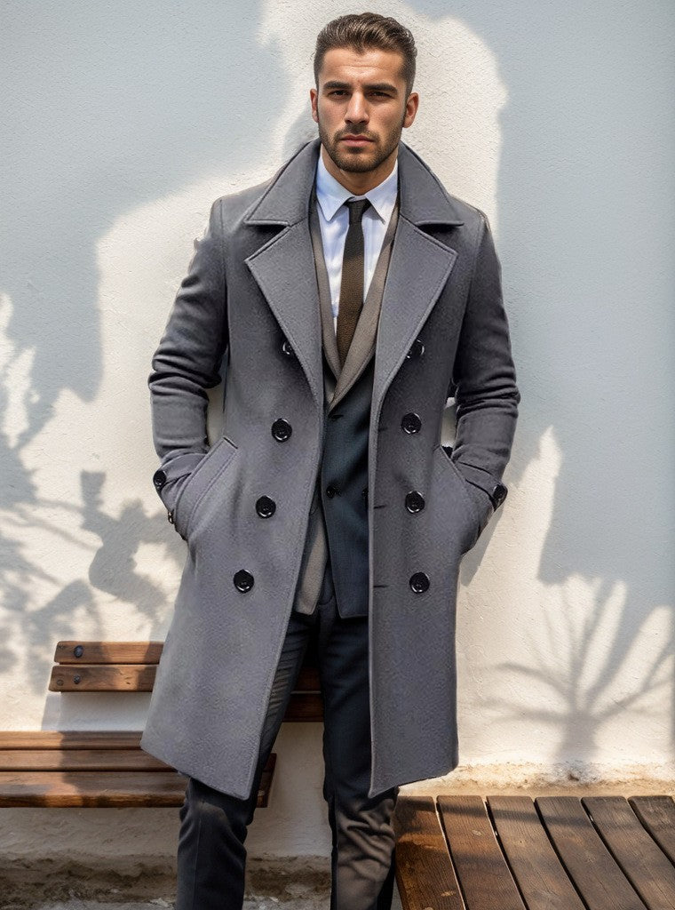 Men's Longer Tailored Wool Coat with Lapel Collar and Flap Pockets Mune Fashion