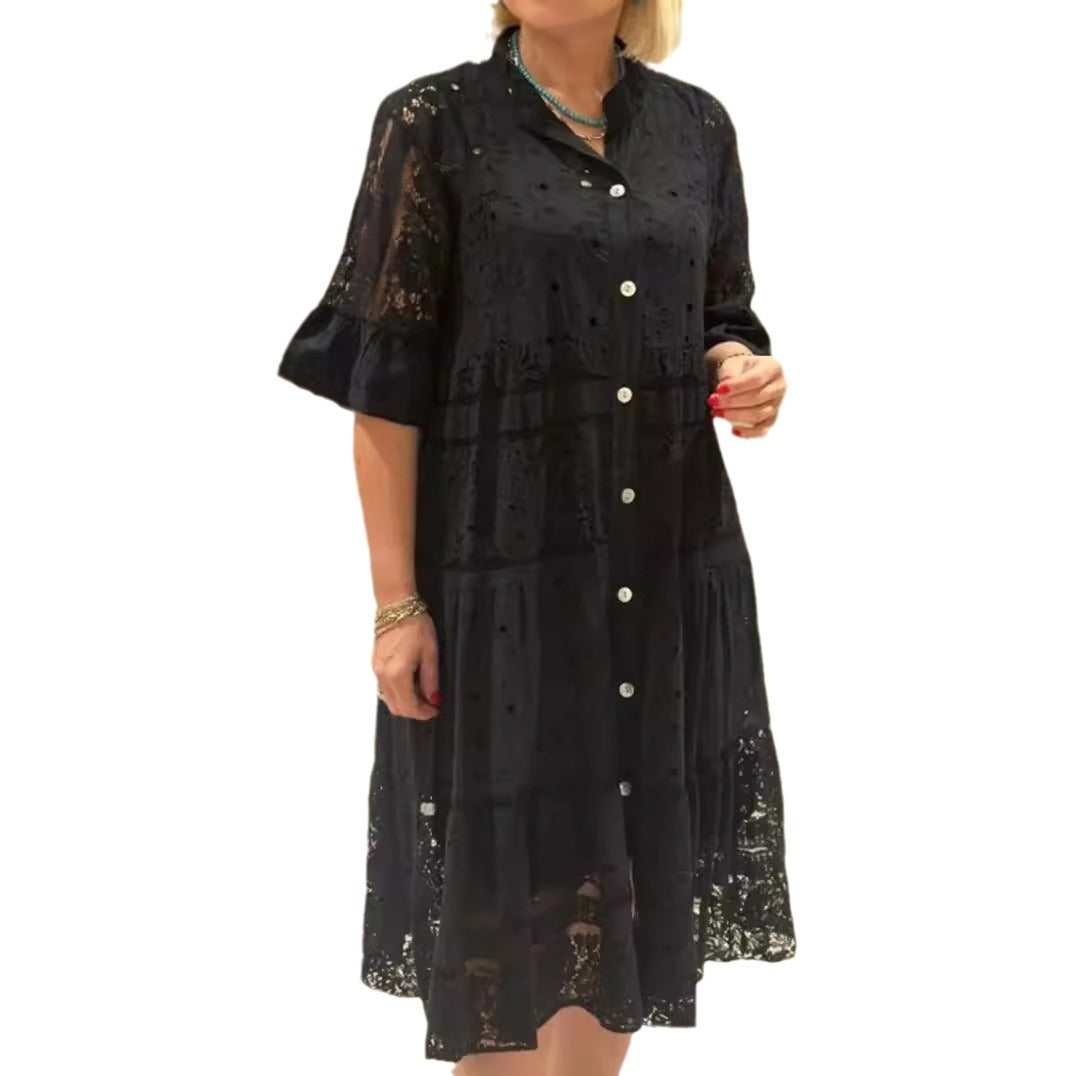 Women's shirt blouse midi dress with lace inserts, tiered skirt and full button placket Mune Fashion