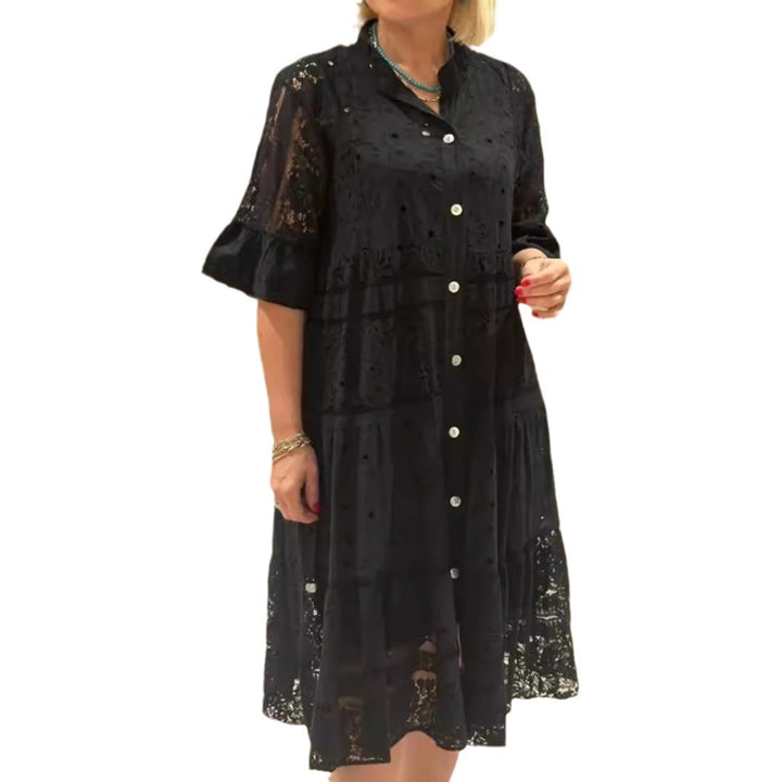 Women's shirt blouse midi dress with lace inserts, tiered skirt and full button placket Mune Fashion