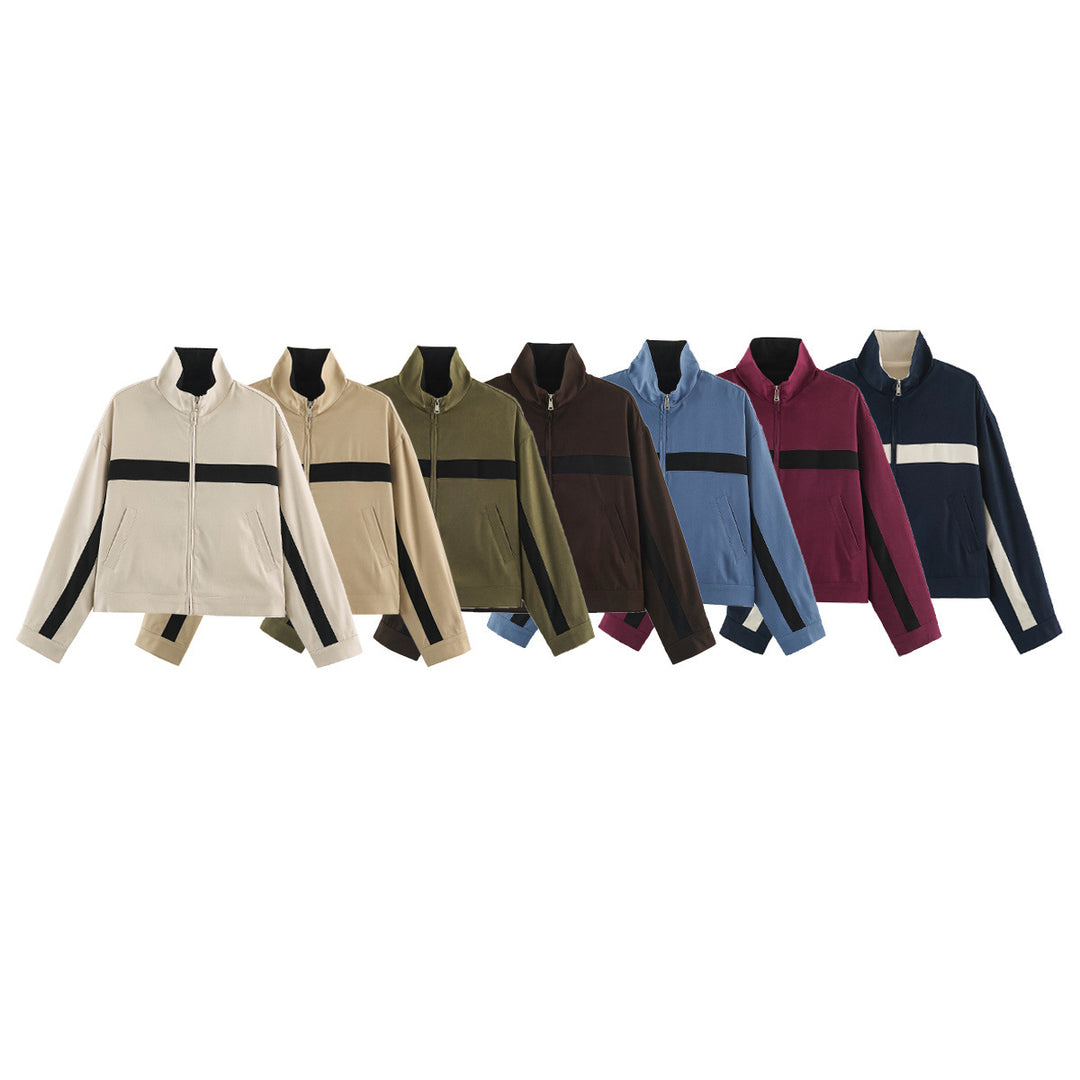Ladies Cropped Track Jacket with Stand-up Collar, Zipper and Side Contrast Stripes Mune Fashion