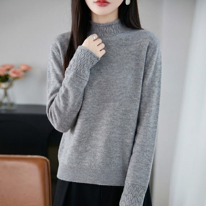 Women's Mockneck Fine Knit Sweater with Openwork Detail at Collar and Cuffs Mune Fashion