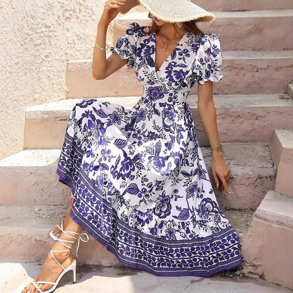 Women's tailored Boho maxi dress with wrap look V-neck puff sleeves and border tiered skirt Mune Fashion
