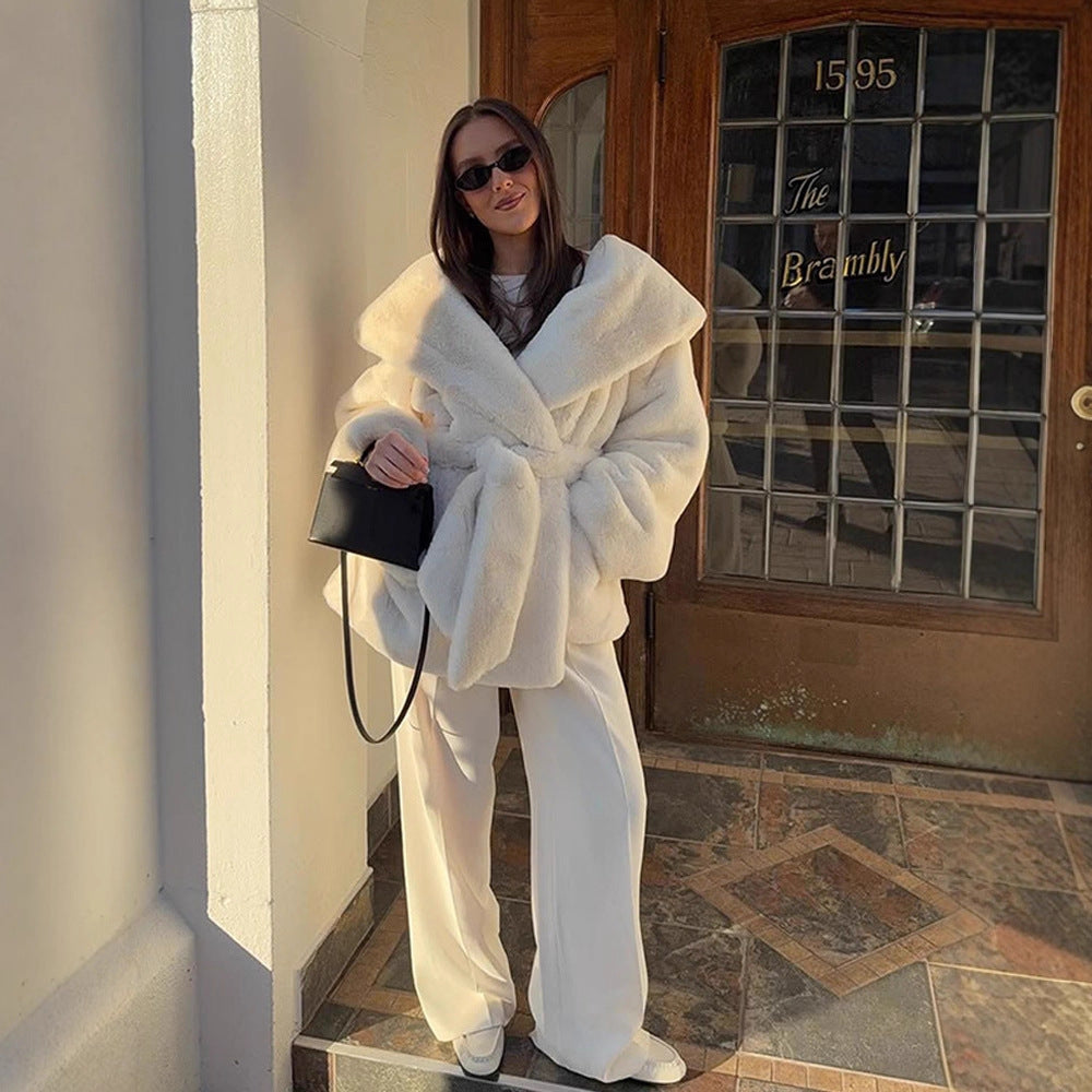 Women's Oversized Teddy Coat with Extra Large Shawl Collar and Wrap Belt Mune Fashion