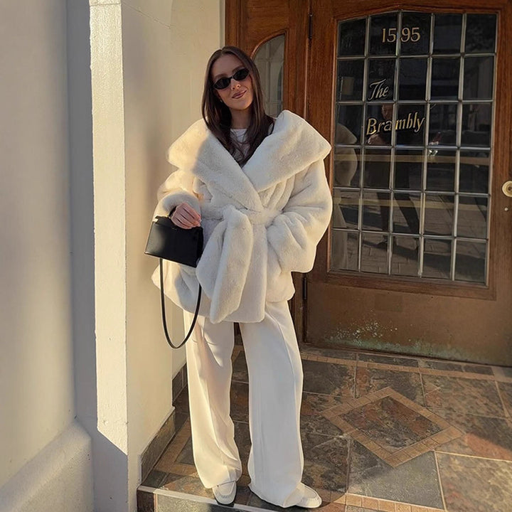 Women's Oversized Teddy Coat with Extra Large Shawl Collar and Wrap Belt Mune Fashion