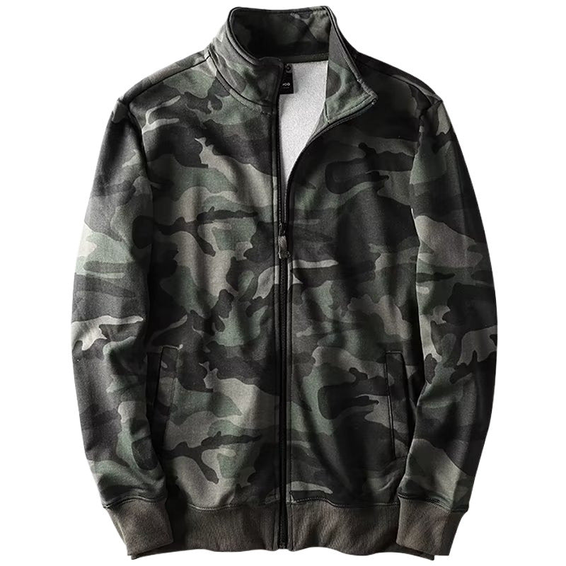 Men's Camouflage Cotton Fleece Zip Jacket with Stand Collar and Ribbed Cuffs Mune Fashion