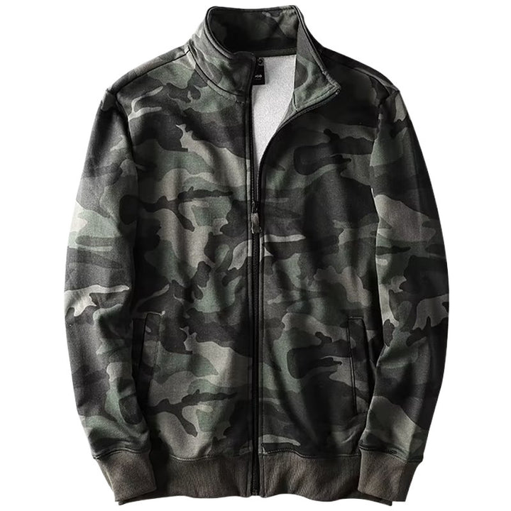 Men's Camouflage Cotton Fleece Zip Jacket with Stand Collar and Ribbed Cuffs Mune Fashion