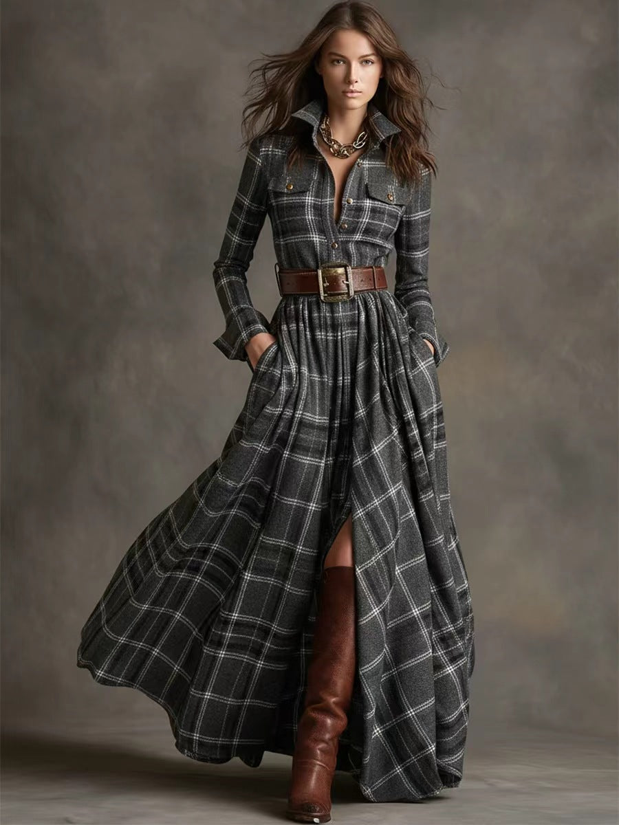 Women checked maxi dress shirt dress with flared skirt and wide waistband Mune Fashion