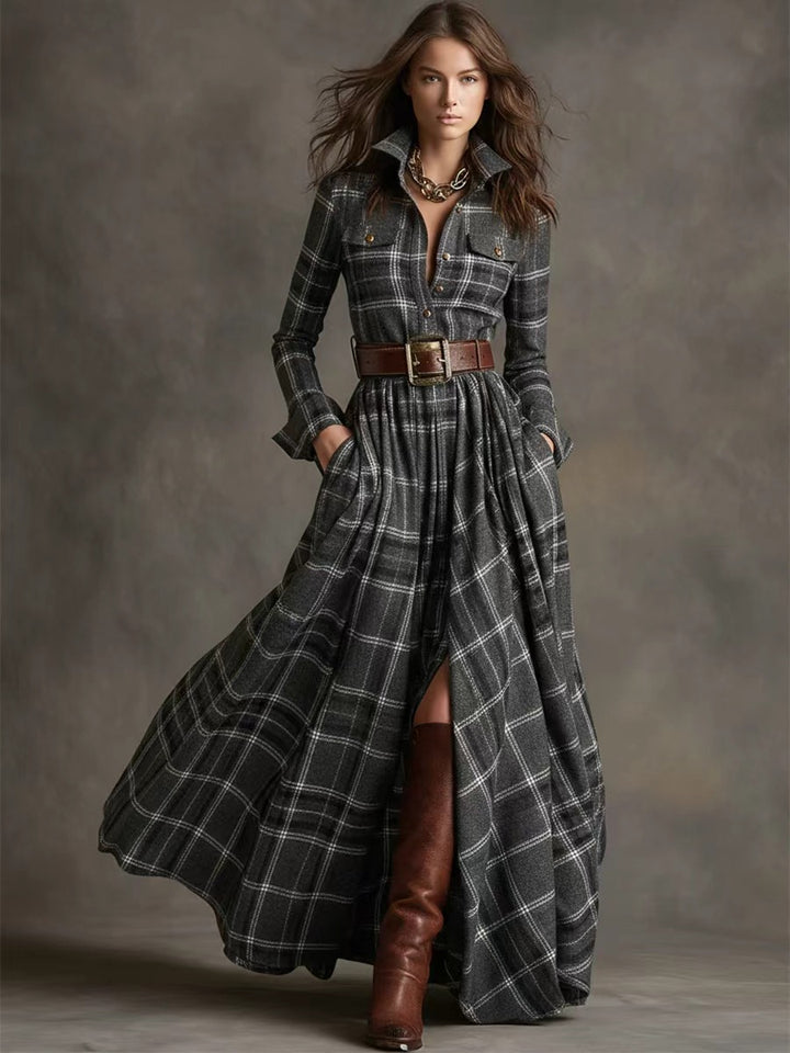 Women checked maxi dress shirt dress with flared skirt and wide waistband Mune Fashion