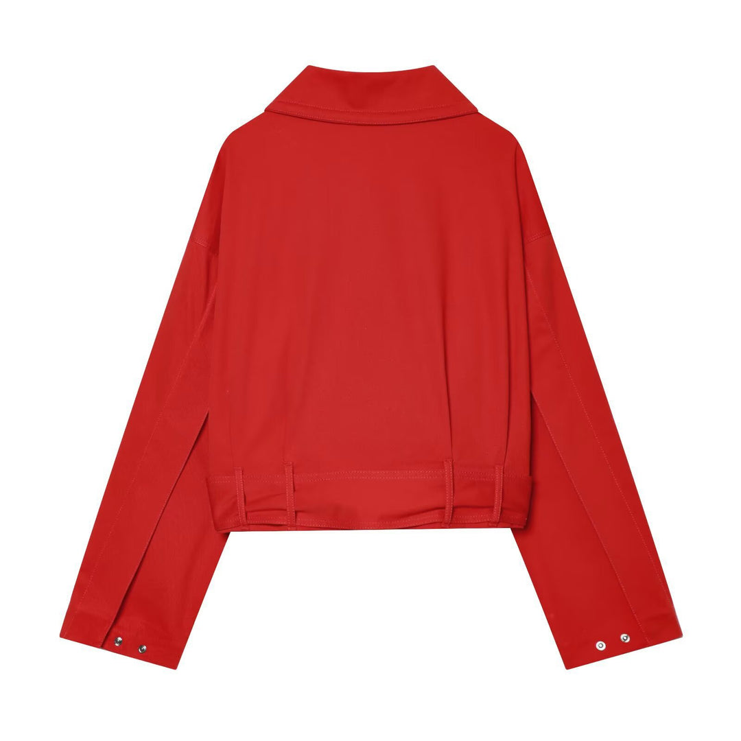 Women's Cropped Trench Coat with Drawstring, Knot Belt and Distinctive Stand Collar Mune Fashion