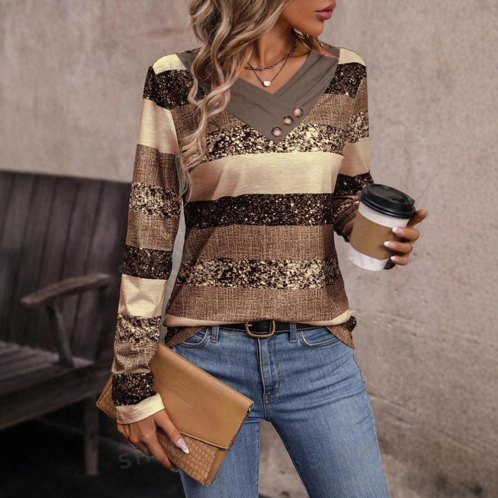 Women's Stylish Long Sleeve Top with V-Neck and Button Details Mune Fashion
