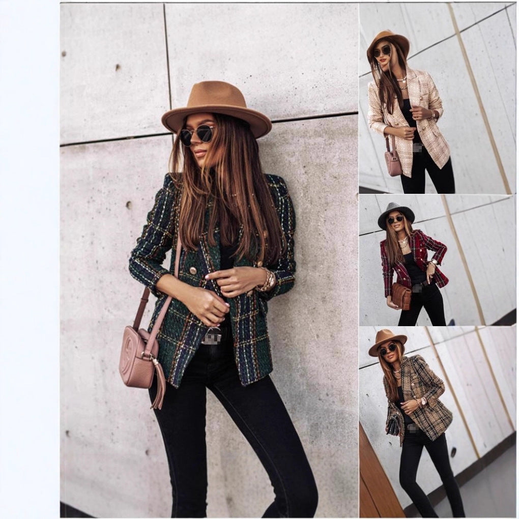 Ladies elegant tweed blazer with double button, textured weave and patch pockets Mune Fashion