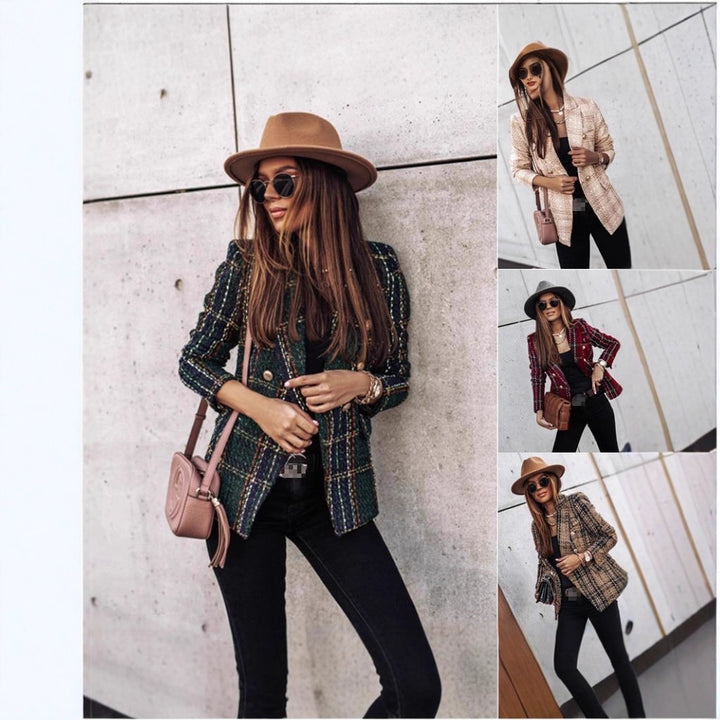 Ladies elegant tweed blazer with double button, textured weave and patch pockets Mune Fashion