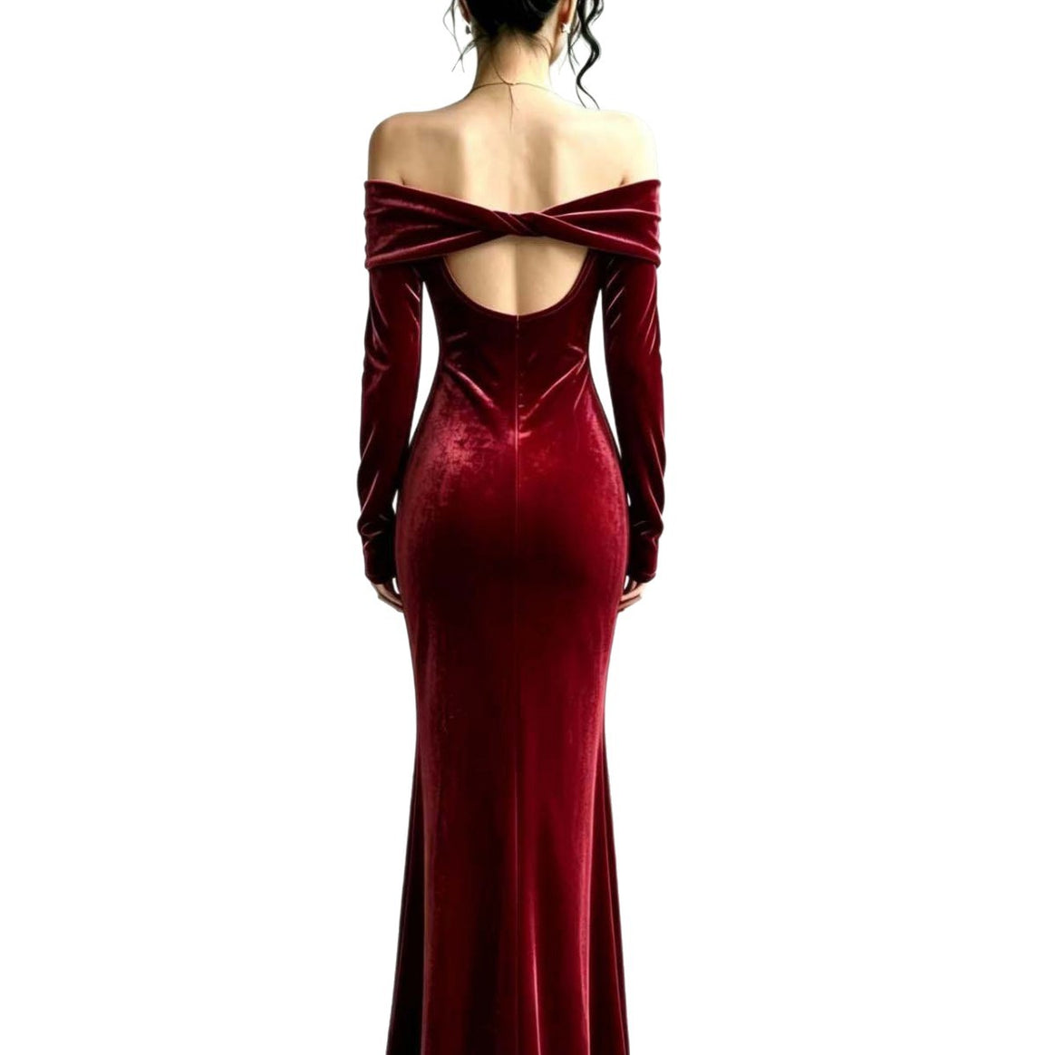 Women Long Velvet Evening Dress with Off-Shoulder Neckline and Deep Back Cutout Mune Fashion