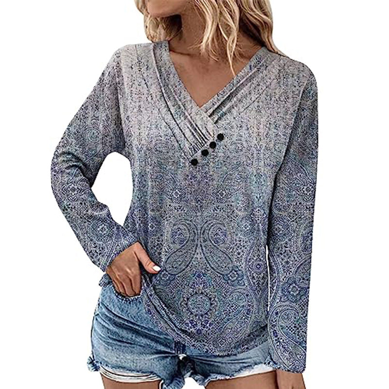 Women's Ribbed V-Neck Sweater with Gradient, Decorative Buttons and Relaxed Fit Mune Fashion