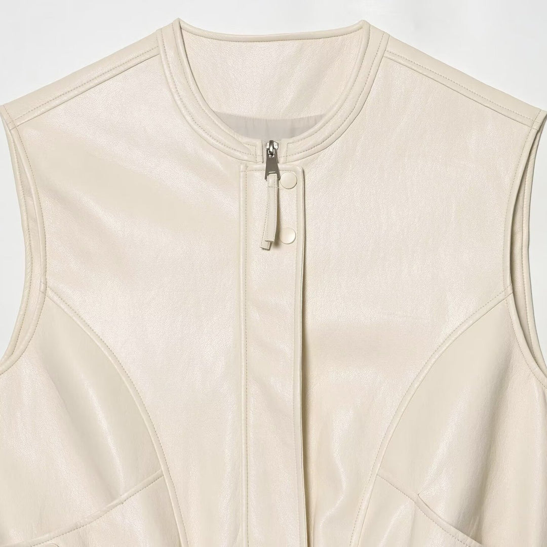 Women sleeveless jacket in leather look with stand-up collar and tailored fit Mune Fashion