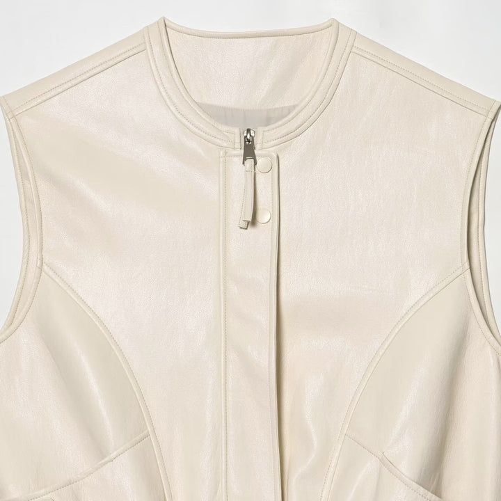 Women sleeveless jacket in leather look with stand-up collar and tailored fit Mune Fashion