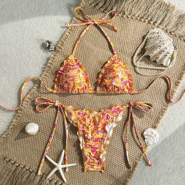 Women's Triangle Bikini with Ruffle Details and Lively Floral Print Mune Fashion