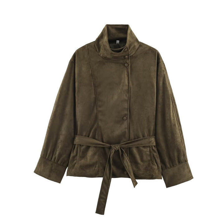 Women's Boxy Wrap Jacket in Velour Look with High Stand-Up Collar and Tie Belt Mune Fashion