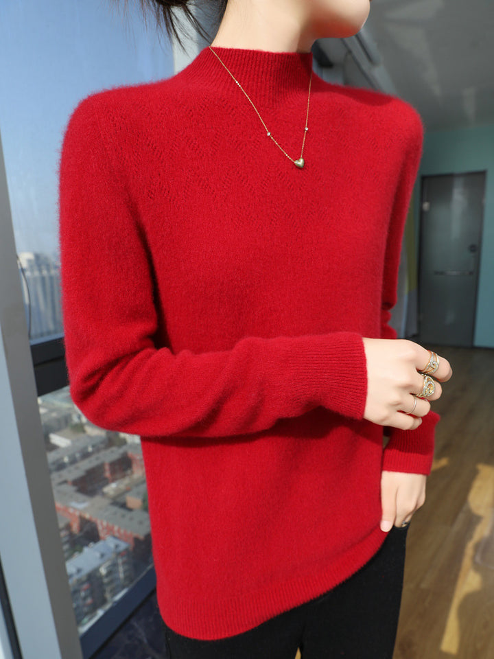 Women Slim Minimalist Stand Collar Fine Knit Sweater with Ribbed Neck Mune Fashion