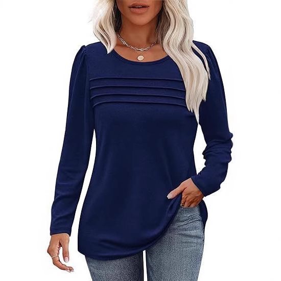 Women Fine Long Sleeve Shirt with Round Neck, Decorative Darts and Slightly Fitted A-Line Mune Fashion