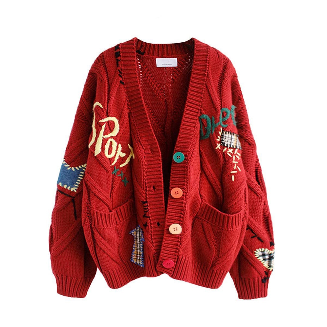 Women's Stylish Knitted Cardigan with Colorful Buttons and Elaborate Design