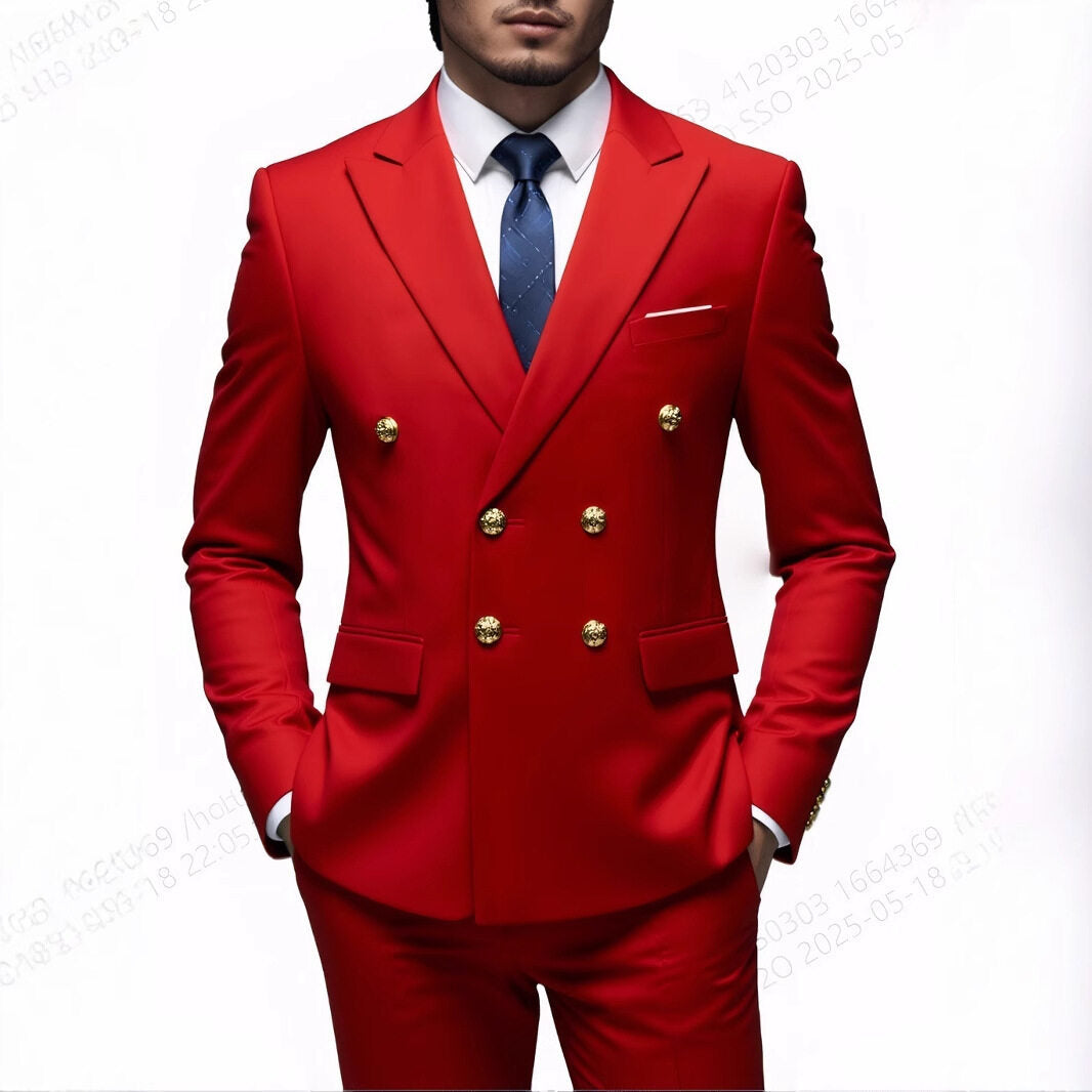 Men's double-breasted Slim-Fit suit with gold decorative buttons and slim business trousers Mune Fashion