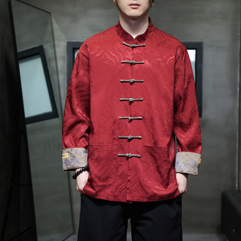 Men's traditional Tang jacket with Chinese knot closure and brocade sleeves Mune Fashion