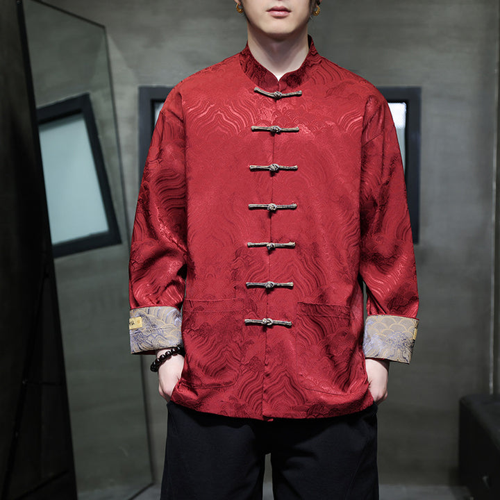 Men's traditional Tang jacket with Chinese knot closure and brocade sleeves Mune Fashion