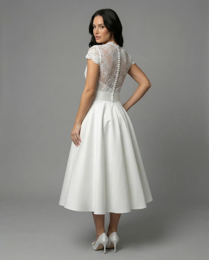 Women's High-Quality Wedding Dress with Lace Details and Flowing Skirt Mune Fashion