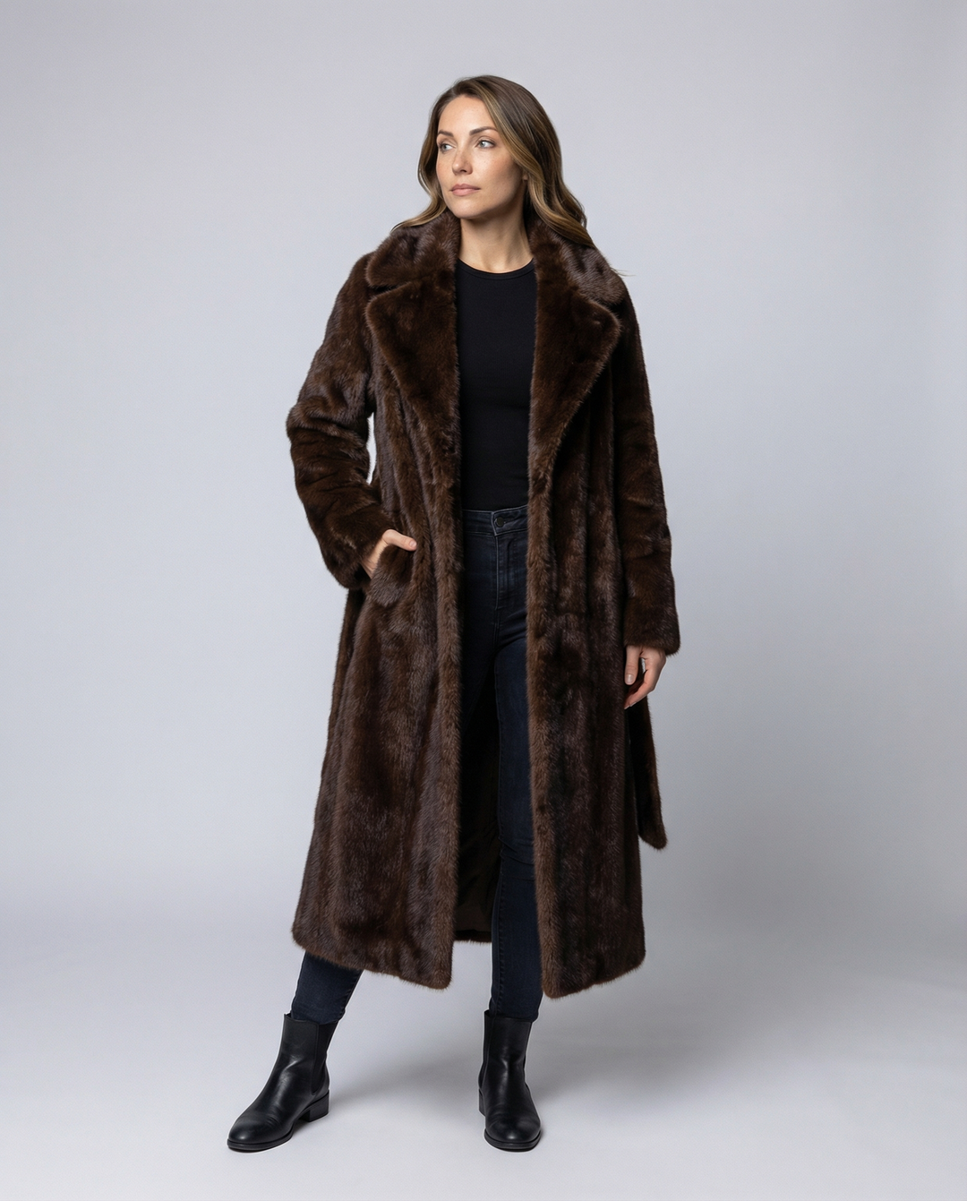 Luxurious women's faux fur coat winter