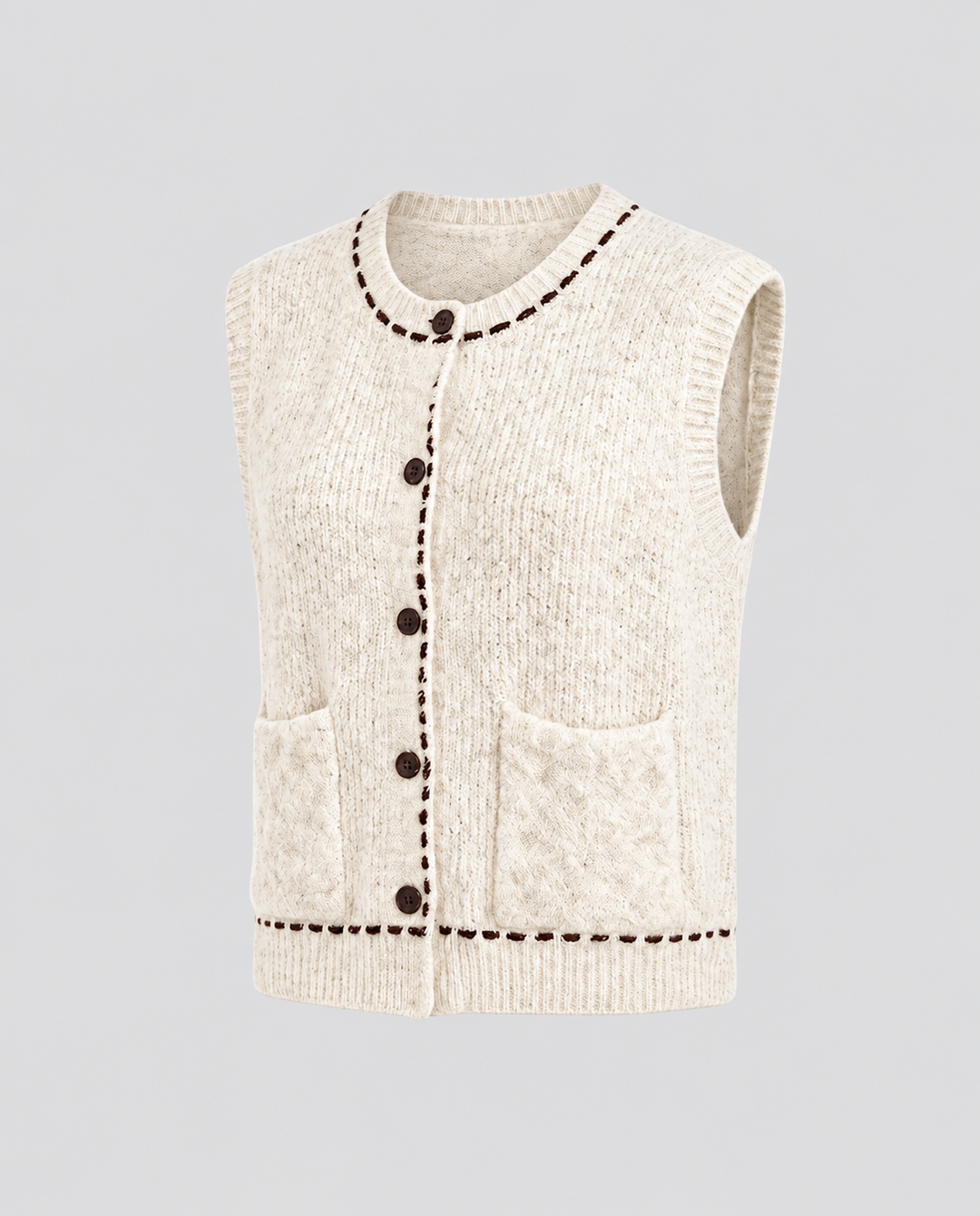 Ladies sleeveless short knit vest with contrast stitching and patch pockets Mune Fashion